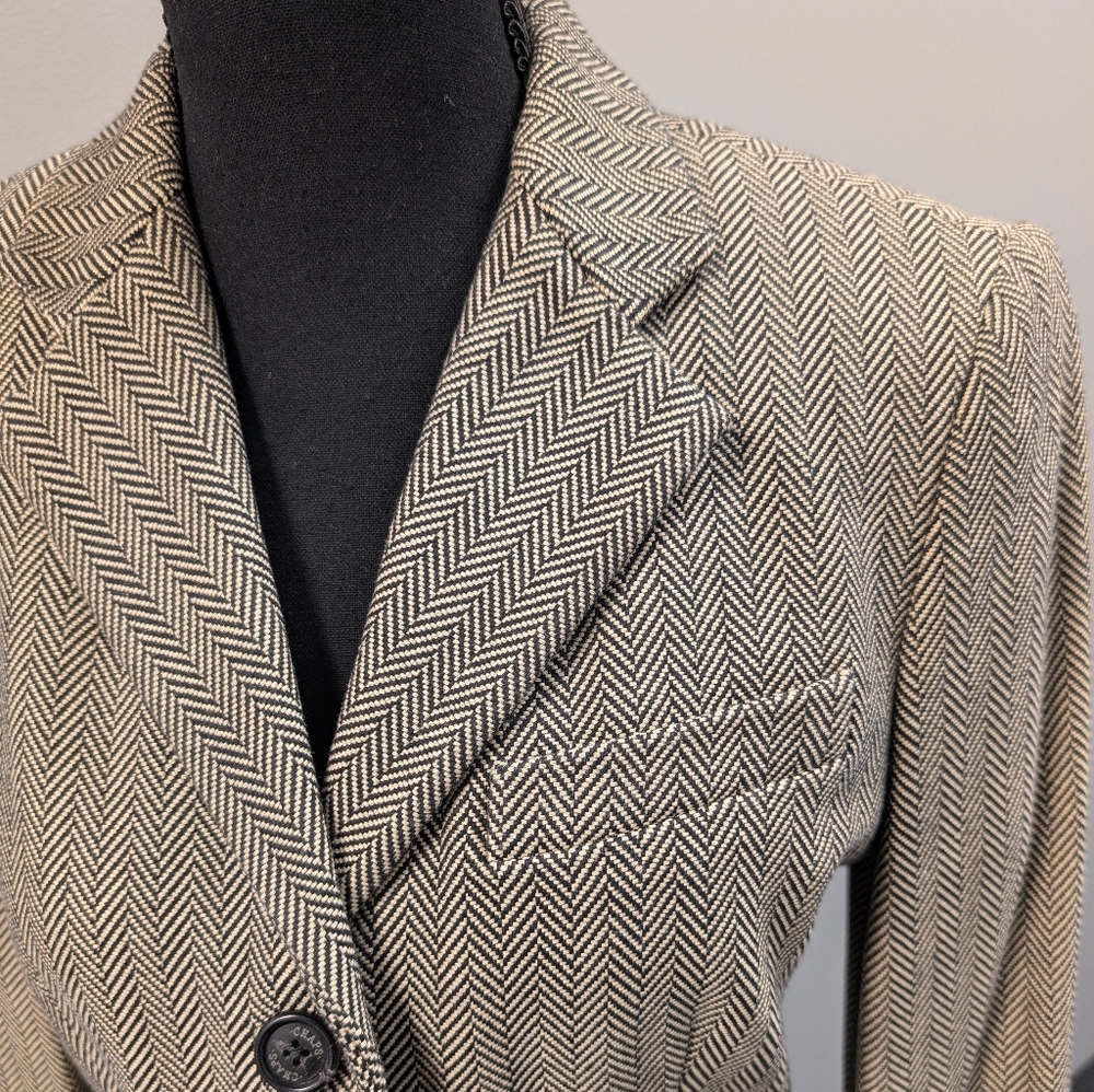 CHAPS Ralph Lauren Herringbone Blazer Jacket Black Tan Cotton Tailored Size 6 - Picture 4 of 16